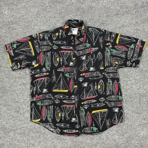 Untied Rayon Button Up Shirt Mens Large Black Sailboat Print Short Sleeve Casual